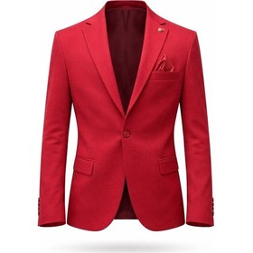 Resim Plus Scorpion Erkek Kırmızı Armürlü Kumaş Blazer Ceket Tek Düğmeli, Mono Yaka, Çift Yırtmaçlı Slim Fit Kırmızı 