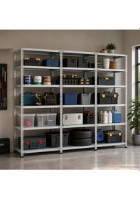 Resim 6 Katlı 3'lü Galvaniz Çelik Raf - Depo, Arşiv, Kiler, Dosya, Market Rafı 43x279 Cm-200 Cm-0.70 Mm 