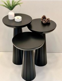 Resim Simillo Wood Wooden Siyah Ahşap 3 Lü Set Fitilli Mantar Yan Sehpa Modern Siyah Renk Fiskos Siyah 