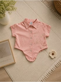 Resim Uğur bebe Kız Çocuk Somon renk %95 pamuk bağlamalı dokuma gömlek Desenli Dokuma Pantolon Bayramlık Özel Gün Takımı 