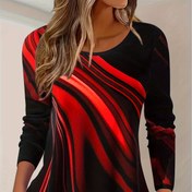 Resim Kadınlar için Günlük Uzun Kollu Tişört - Mavi'den Siyaha Ombre Baskı, Rahat Kesim Yuvarlak Yaka, Orta Esneklikte Makinede Yıkanabilir Sonbahar Üstü, Bayan T-Shirtleri 