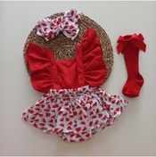 Resim MARS BABY Kız Bebek Karpuz Desenli Salopet Bandana Kırmızı Fiyonk Çorap Takım 