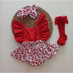 Resim MARS BABY Kız Bebek Karpuz Desenli Salopet Bandana Kırmızı Fiyonk Çorap Takım 