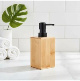 Resim Bambu Sıvı Sabunluk Ahşap El Sabunu, Losyon Ve Şampuan Dispenseri Modern Banyo, Mutfak Ve Lavabo Düzenleyici 255ml Kare Bambu Sıvı Sabunluk Mat Siyah Pompalı Ahşap Sabun Şişe Diğer 