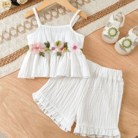 Resim Kızlar İçin İlkbahar/Yaz Çiçek Baskılı Beyaz Kamisol Üst ve Dantel Şort Takımı, Günlük Polyester Karışımı Kıyafet, Şort, Günlük, Rahat Tarz, Geleneksel Versiyon, İlkbahar/Yaz, Dış Mekanlar İçin Mükemmel 