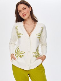 Resim Faik Sönmez Nakışlı Oversize V Yaka Kadın Hırkası - Günlük Stil - Ekru / L 