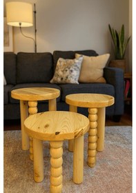 Resim Naturel Renk 3 Lü Ahşap Mantar Sehpa Seti Doğal Zigon Fiskos Bej 