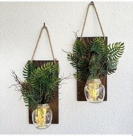 Resim Led Işıklı, Mastana Bitki Çiçekli Duvar Dekoru Ceviz İkili Set Ceviz 