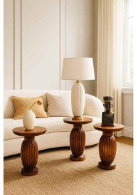 Resim Meşe Renk Ahşap Mantar Sehpa 3 Lü Set Doğal Zigon Ve Fiskos Takımı Kahverengi 