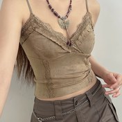Resim Y2K Esnek V-Yaka Dantel Süslemeli Camisole Üst - Yan Zincir Detaylı Suni Süet, Zeytin Yeşili Yazlık Kısa Kadın Crop Top, Sadece Elde Yıkama 