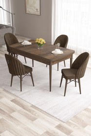 Resim Canisa Roz Serisi 80x132 Mdf Barok Ahşap Desen Masa Takımı Ve 4 Adet Kahverengi Sandalye 