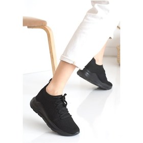 Resim Kadın Triko Sneaker Bağcıklı Çorap Bileklik Detaylı Spor Ayakkabı 017 Siyah 