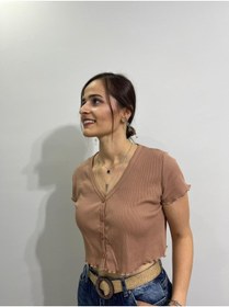 Resim Hukateks Hardal Crop Önü Düğmeli Kısakol Üst 