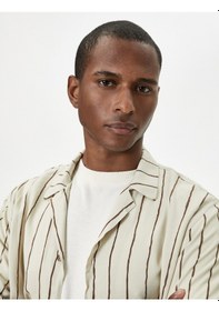 Resim Koton Yazlık Gömlek Kısa Kollu Devrik Yaka Düğmeli Kahverengi Çizgili 4sam60004hw Kahverengi 