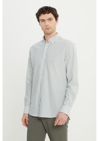Resim Erkek Hakı Pamuklu Oxford Comfort Fit Rahat Kesim Düğmeli Yaka Çizgili Gömlek Hakı 