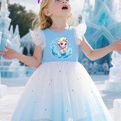 Resim Orijinal Disney Kızlar Prenses Partisi Karikatür Frozen Elsa Baskılı Gradyan Mesh Fırfır Kollu Elbise 