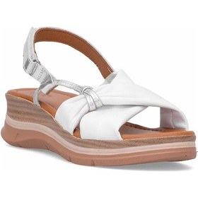 Resim Elit Zeyn 8066 Kadın Hakiki Deri Dolgu Topuk Sandalet Beyaz Beyaz 