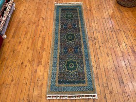 Resim Turkish Hand-Knotted Runner – Oriental Wool Rug with Geometric Medallions 2x6ft 