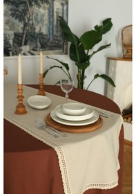Resim Yakacihome Elora Duck Keten Yıkanabilir Leke Tutmaz Cappuccino Kopenaki Dantel Detaylı Runner 40x140 Cm Krem 