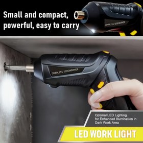 Resim Ultra-lüks çift fonksiyonlu düz ve Phillips uçlu elektrikli tornavida, karanlık veya dar alanlarda daha iyi görünürlük için LED aydınlatmalı. Tek şarjla uzun süreli kullanım sağlayan yüksek kapasiteli pil ile yorgunluk olmadan uzatılmış çalışma süresi. Kompakt ve ergonomik tasarımıyla elinize rahatça oturur; açık hava işleri, mobilya tamiri, alet bakımı, bilgisayar onarımı ve daha fazlası için ideal 