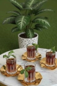 Resim Çelik Tabaklı 18 Parça Modern Cam Çay Takımı Premium Misafirlik Lüks Sunum Set Şeffaf 