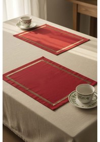 Resim Rivaistanbul Kırmızı Gold Çerçeve Nakışlı 2' Li Amerikan Servis Seti Kırmızı 