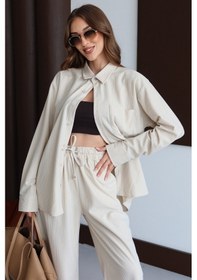 Resim Krem Oversize Düğmeli Cepli Rahat Kesim Dokulu Uzun Kollu Gömlek Bcru-261311 Çok Renkli 