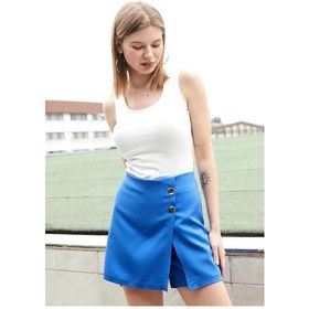 Resim JUMENT Kadın Yüksek Bel Dokuma Kumaş Midi Boy Şort Etek Boy:38cm +-2cm -saks SAX 