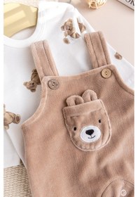 Resim Fiğürlü Kışlık Kadife Erkek Bebek Salopet Tulum Set Kahverengi 