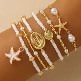Resim 6 adet Boho Tatil Stili Bileklik Seti, Yıldız Balığı ve Kabuk Şanslılarla Çok Katmanlı Boncuklu, Kadınlar için Yaz Plajı ve Günlük Giyim Takıları, Plastik Malzeme, Metal İçermez, Plaj Takıları 