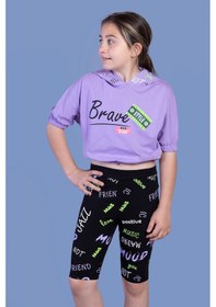 Resim Toontoy Kids Toontoy Kız Çocuk 2'li Takım Baskılı Kapüşonlu Kısa Kollu Crop Sweatshirt & Basic Düz Crop Tayt Lila 