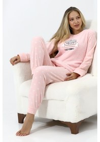 Resim Wordex Fawn 5006 Peluş Welsoft Polar Kışlık Yumoş Kadın Pijama Takımı Uyuyan Kedili Pembe 