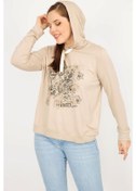 Resim Kadın Vizon Büyük Beden Kapşonlu Baskı ve Taş Detaylı Sweatshirt-vizon Vizon 