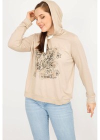 Resim Kadın Vizon Büyük Beden Kapşonlu Baskı ve Taş Detaylı Sweatshirt-vizon Vizon 