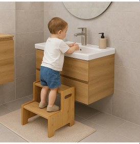 Resim Momo Ahşap Basamak Tabure Çocuk Banyo Wc Lavabo Merdiven Yükseltici Eğitici Kaymaz Montessori Safir Meşe 