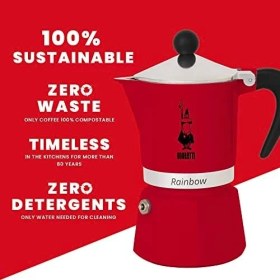 Resim Esmo Home Bialetti - Rainbow: 3 Cups Ocak Üstü Espresso Pişirici - 130ML - Kırmızı Renk - Alüminyum Gövde - Patentli Güvenlik Valfi - Tüm Ocak Türleri Için Uygundur (Indüksiyon Hariç) 