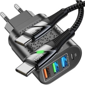 Resim Judas C5 Type-C+3 Usb Port Şarj Adaptörü + C5 Type-C To Type-C 5A/100W Şarj ve Data Kablosu -2mt 