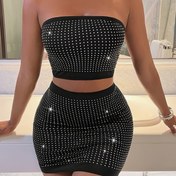 Resim Kadınlar için şık siyah taşlı detaylı askısız tüp üst ve bodycon mini etek takımı - Partiler, gece çıkışı, randevular ve müzik festivalleri için mükemmel, iki parçalı kombine 