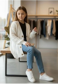 Resim Minimoda Kids Kız Çocuk Yırtık Detaylı Uzun Triko Hırka 