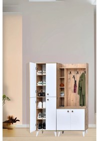 Resim İnci Atlantik Çam Beyaz Portmanto Takımı 9 Raflı 4 Kapaklı Askılık Ve Ayakkabılık 140x37x195 Cm 