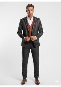 Resim Erkek Çizgili Takım Elbise 3 Lü Set Ceket + Yelek + Pantolon Slim Fit İtalyan Tarz Siyah 