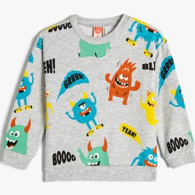 Resim Erkek Bebek Sweatshirt Canavar Baskılı Şardonlu Bisiklet Yaka 