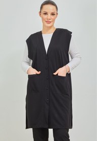 Resim Elçelya Moda Kadın Siyah Uzun Cepli Düğmeli Penye Anne Büyük Beden Tunik Yelek 