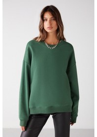 Resim Grimelange Susana Kadın Bisiklet Yaka Içi Polarlı Oversize Fit Basic Yeşil Sweatshirt 