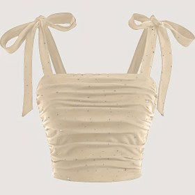 Resim Kadınların Seksi Omuzlu Straplez Üstü - Kahverengi Polyester Karışımı, Ayarlanabilir Askılı, Sırtı Açık Yazlık Tank Üstü | Ruched Detaylı Üst | Esnek Kumaş 