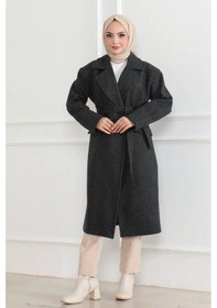 Resim Kadın Kaşe Kaban Uzun Boy 115 Cm Kruvaze Yaka Kuşaklı Astarlı Tesettür Kaban Yünlü - Siyah Çok Renkli 