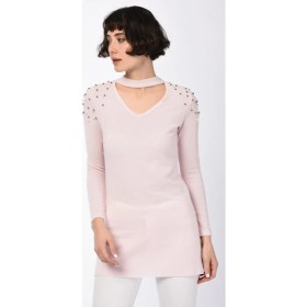 Resim Miss Lusi 8490995 Yumoş Omuzu İncili V Yaka Boğazı Bantlı Bluz 