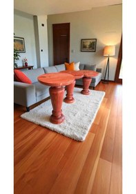 Resim Maun Renk Ahşap Mantar Sehpa Seti 3 Lü Dekoratif Yan Sehpa Takımı - Zigon Sehpa Seti Maun 