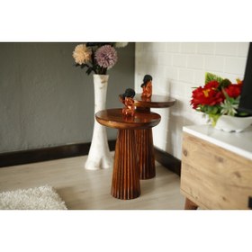 Resim Simillo Home&Living Wood Wooden 2'li Set Fitilli Mantar Yan Sehpa Modern Koyu Ceviz Renk Fiskos 