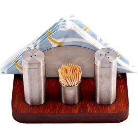 Resim Şık Ahşap Tuzluk ve Karabiberlikli Peçetelik Seti, Kalite 304 Paslanmaz 